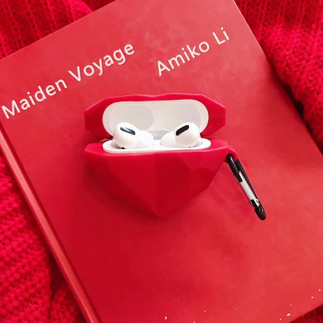Red silicone case with diamond and heart design for Apple AirPods 1st 2nd 3rd generation