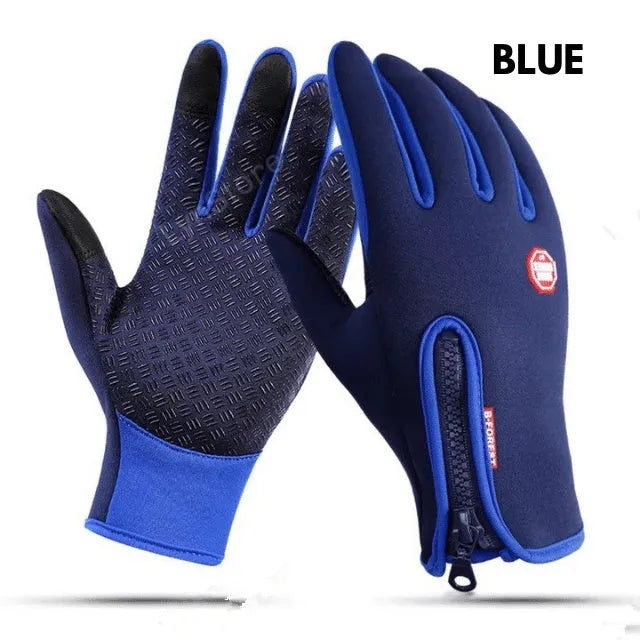 Pair of winter touch screen riding gloves in blue with polar fleece lining and antiskid grip for motorcycle use