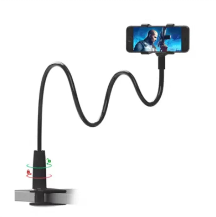 Blue universal mobile phone and tablet holder with 120cm pole on a bedside table