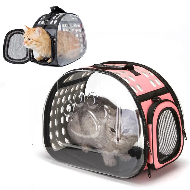 Portable breathable pet backpack with transparent acrylic panels, side vents, locking zipper, and ergonomic shoulder strap