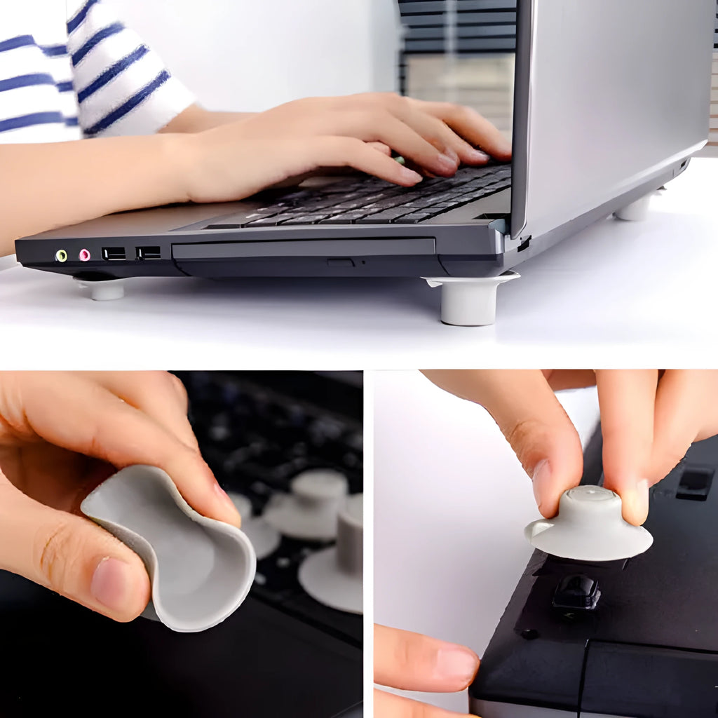 Four grey durable plastic laptop cooling pads, two large and two small, on a wooden desk.