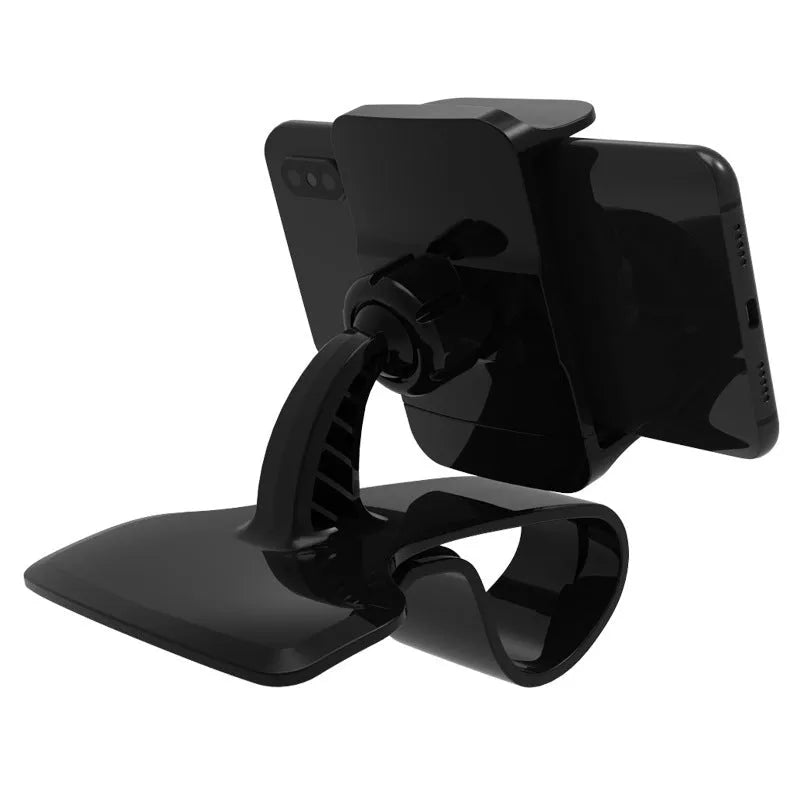 Dashboard car phone holder with silicone-grip bracket mounted on vehicle dashboard edge holding a smartphone