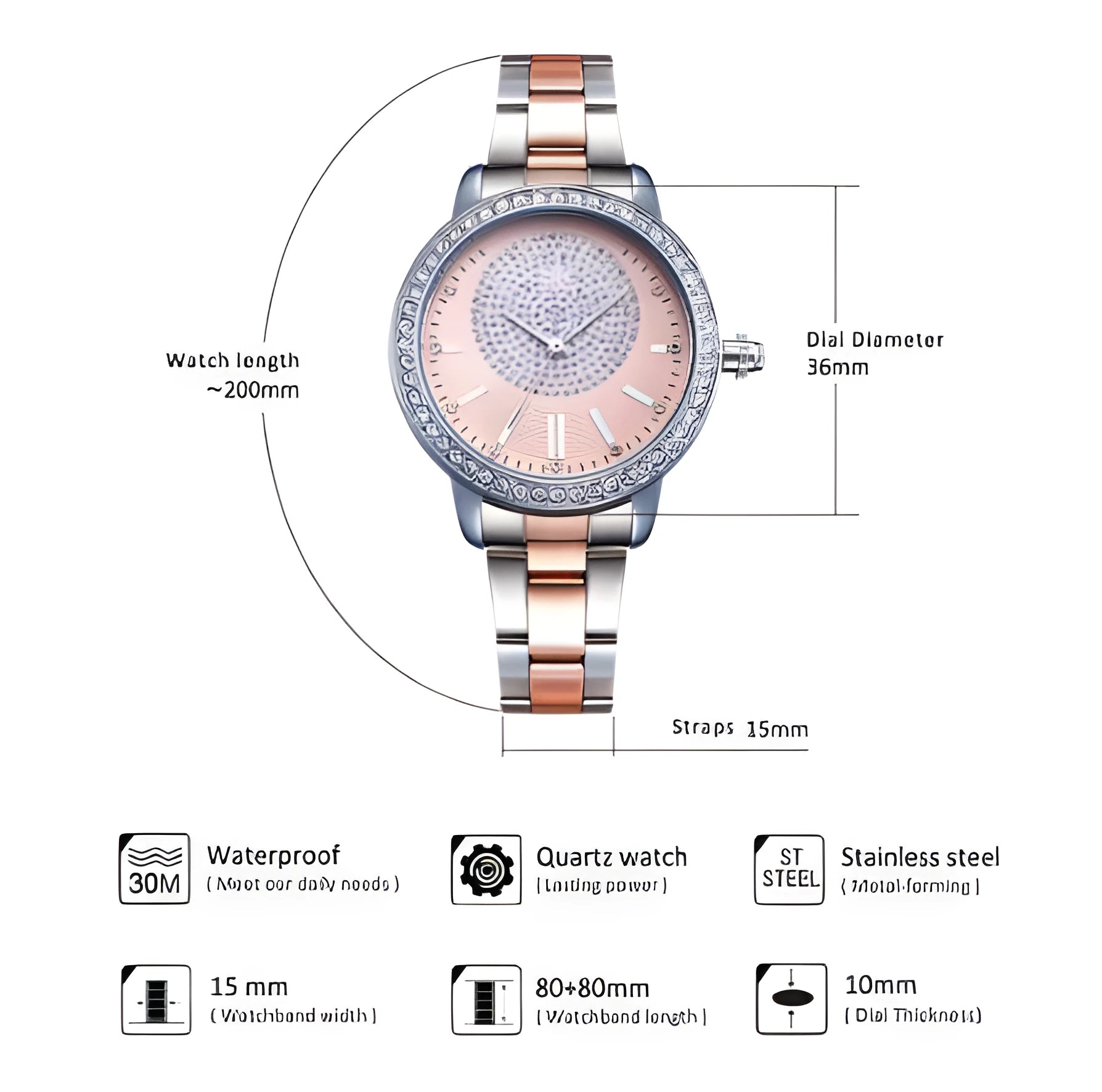 Shengke women's quartz bracelet watch 36mm round stainless steel case crystal dial black pink
