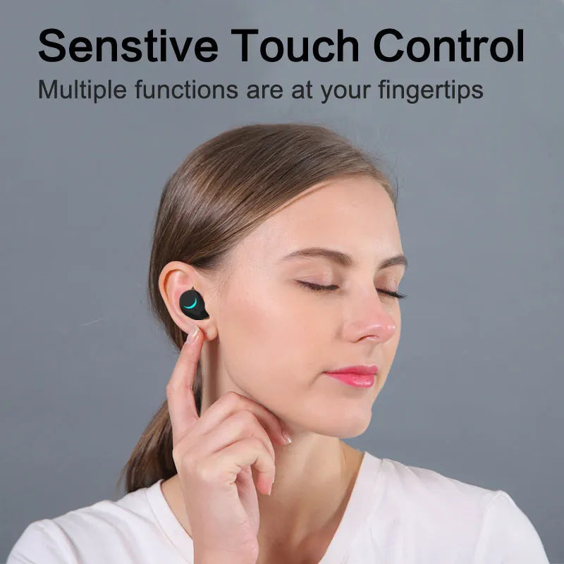 Black TWS Bluetooth earbuds with earplug-style design on a white background.