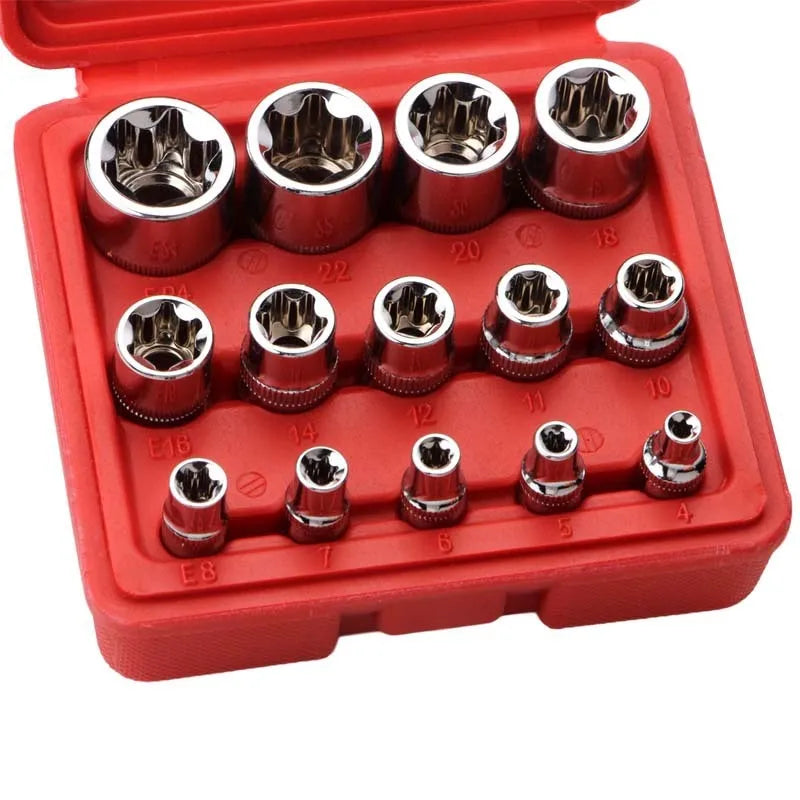 14-piece E-type socket auto repair tool set in red storage box with chrome vanadium steel construction