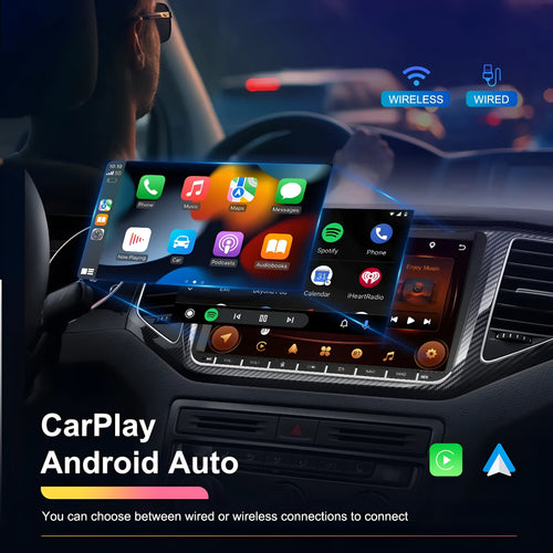 7-inch Android car stereo head unit with touchscreen for Volkswagen vehicles featuring wireless CarPlay.