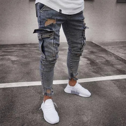 Cargo hole denim jeans for men, tye-dye whitewashed finish, pencil leg, 90% cotton, light blue