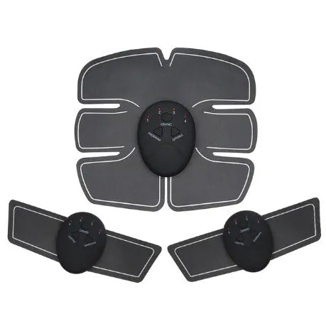 Compact EMS hip muscle training stimulator device with adhesive gel pads for buttocks and abdomen.