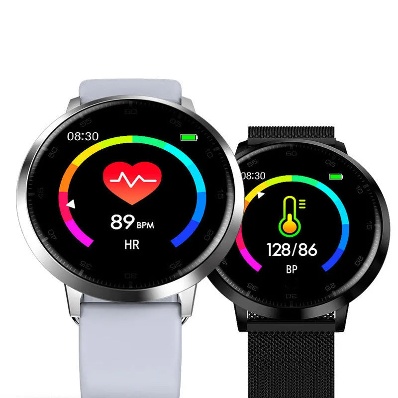 Ultra-thin waterproof smart health bracelet with black silicone strap and touch screen.