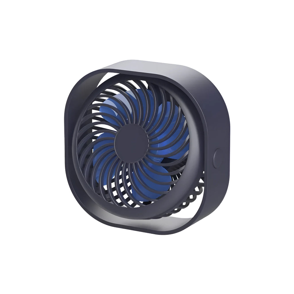 USB desk fan with rotating head in blue colour, showing rotary switch and compact square design.