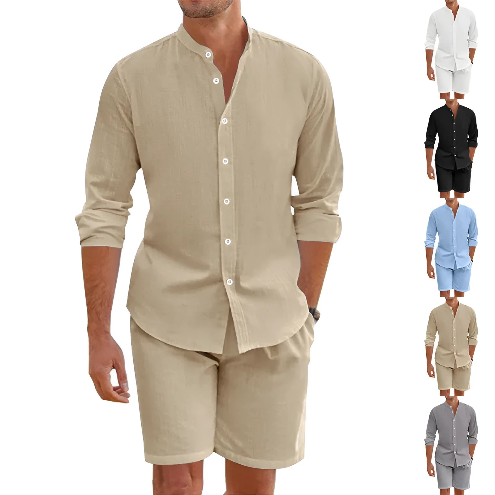 Men's dark grey hemp-blend short sleeve button-down shirt and matching drawstring shorts on a hanger.