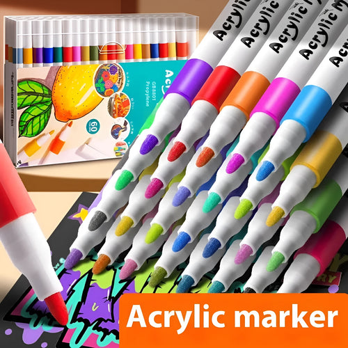 Boxed set of multicolour acrylic marker pens for student painting projects with plastic barrels