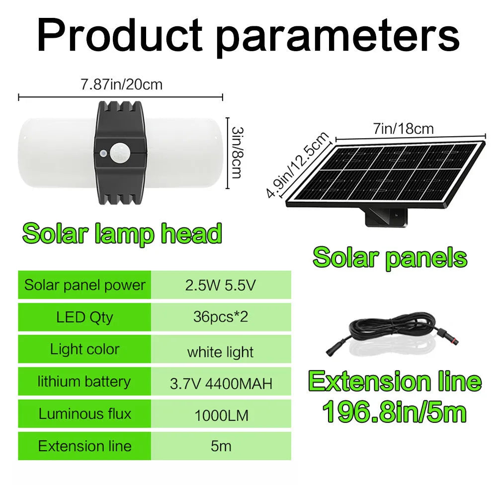 Black solar-powered outdoor floodlight with motion sensor and abstract design