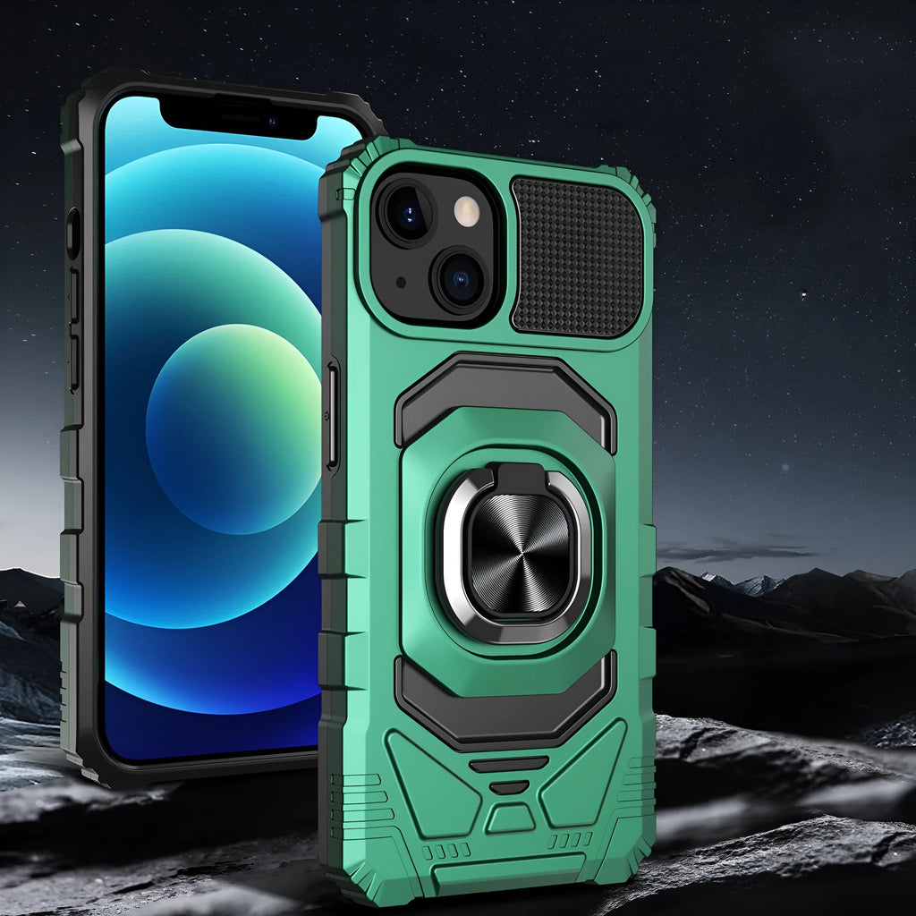 Magnetic ring car phone case with 2-in-1 TPU PC shockproof design for iPhone in graphite black