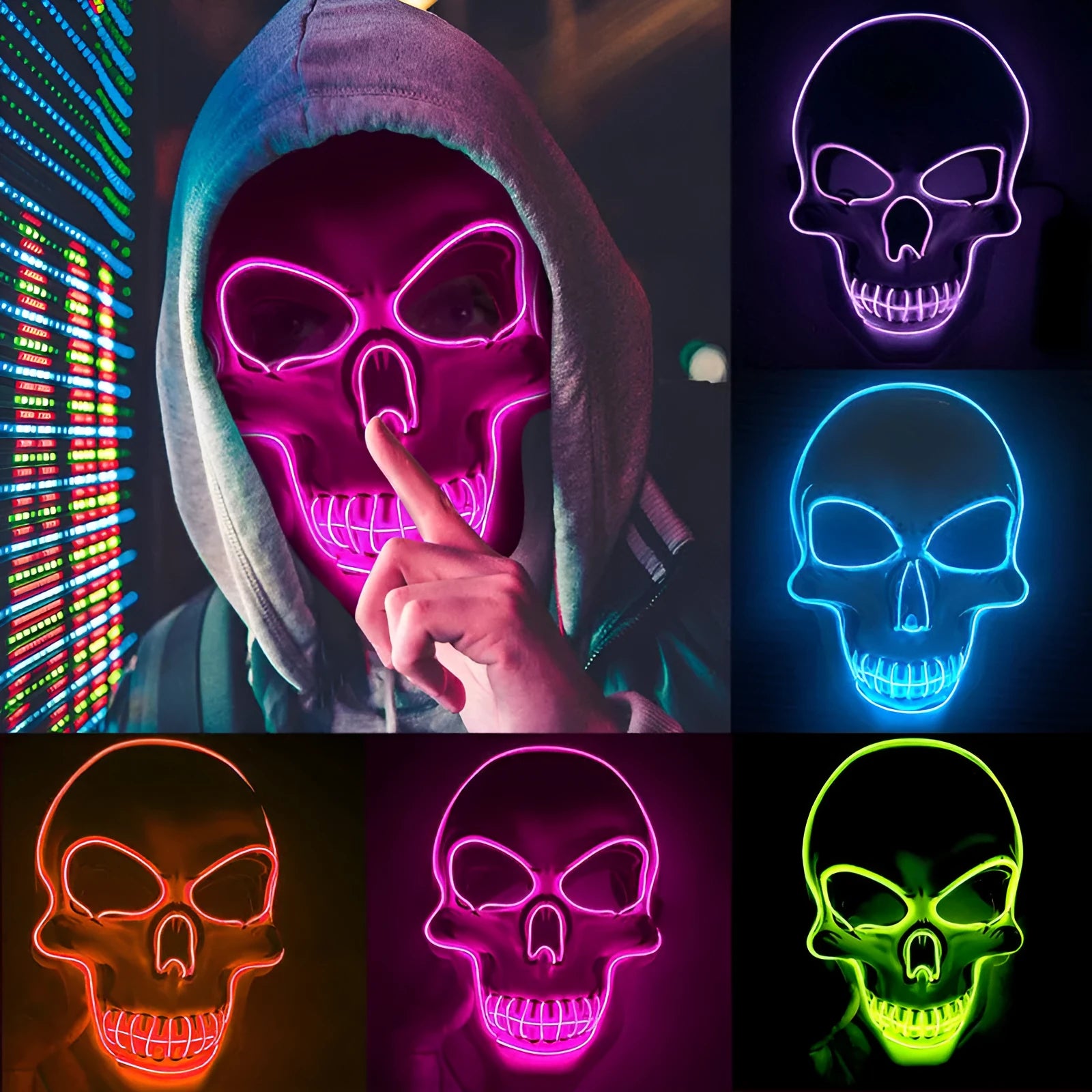 LED glow skeleton mask with flashing lights in multiple colours, showing eye, nose and mouth openings