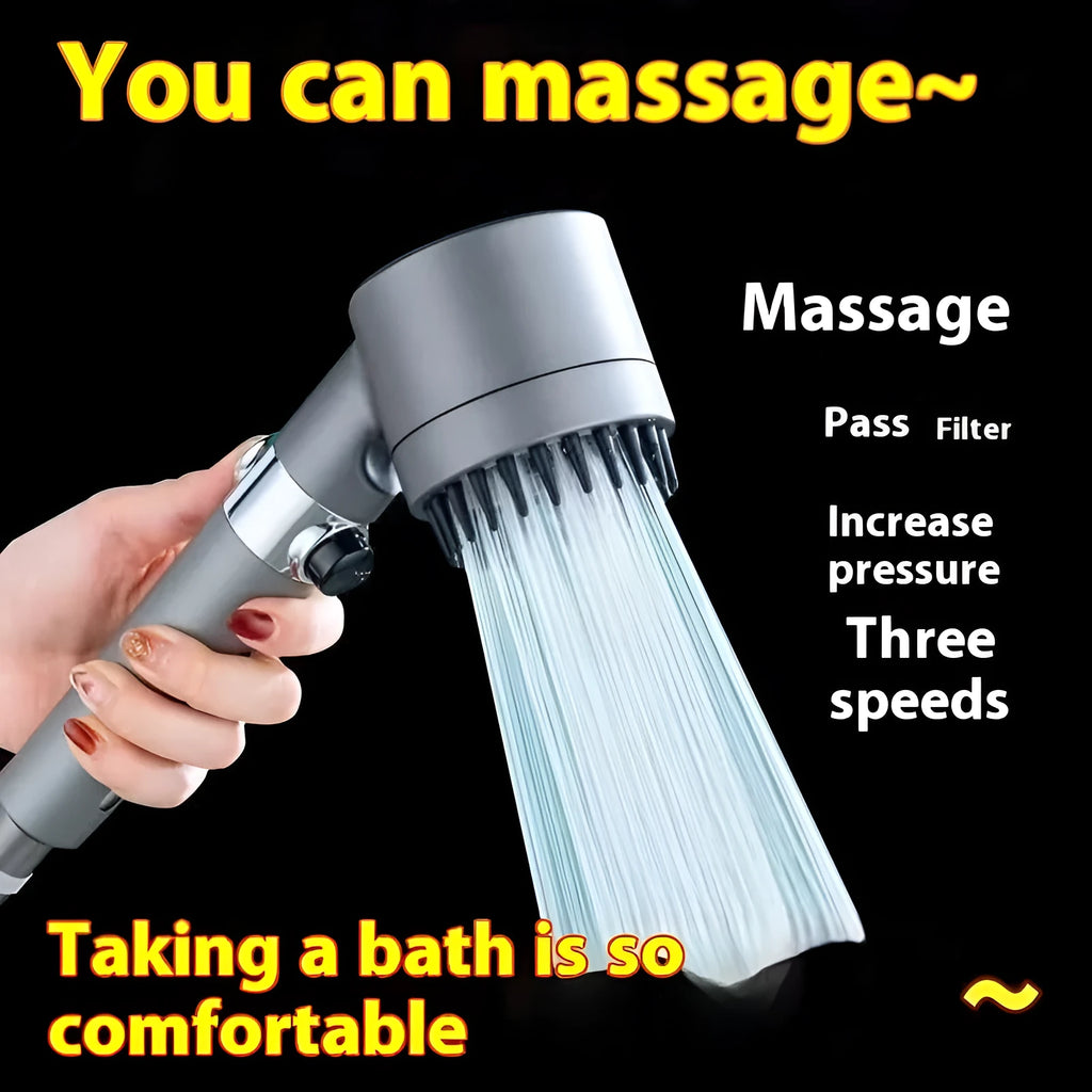 Strong Boost portable shower head with three function settings - spray, massage and rain