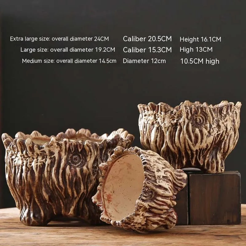 Ceramic wood shaped tree root flower pot in pastoral style, available in three sizes for succulent home gardening