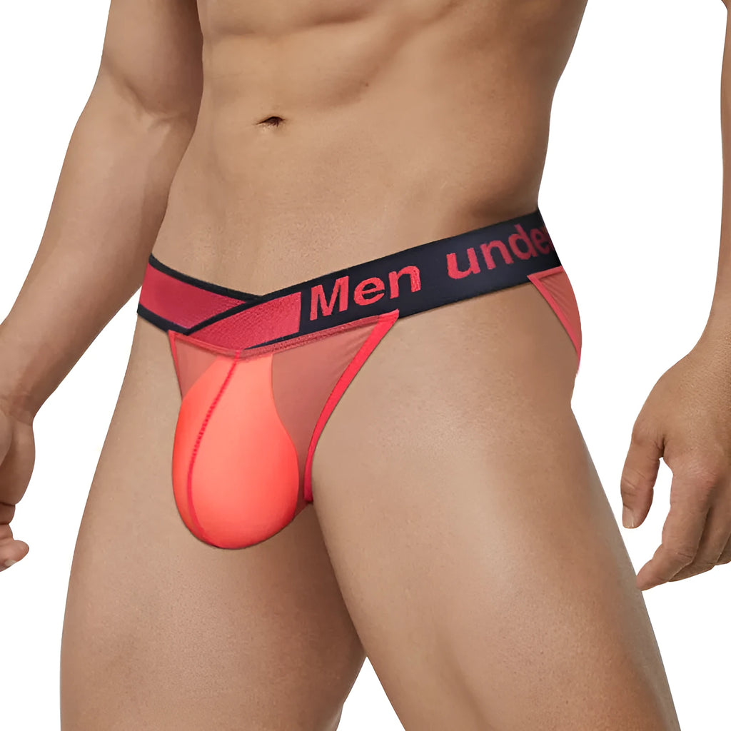 Men's black ice silk briefs showing large V gradient design and low waist.