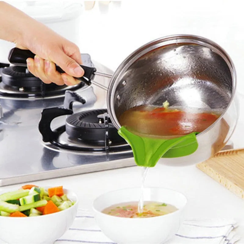 Green silicone kitchen funnel for transferring liquids between round pots