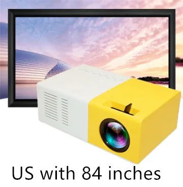 Mini LED projector YG300 in white and yellow, with lens and ventilation grilles, on a table