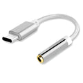 Short black nylon Type-C to 3.5mm female audio adapter cable on a white background.
