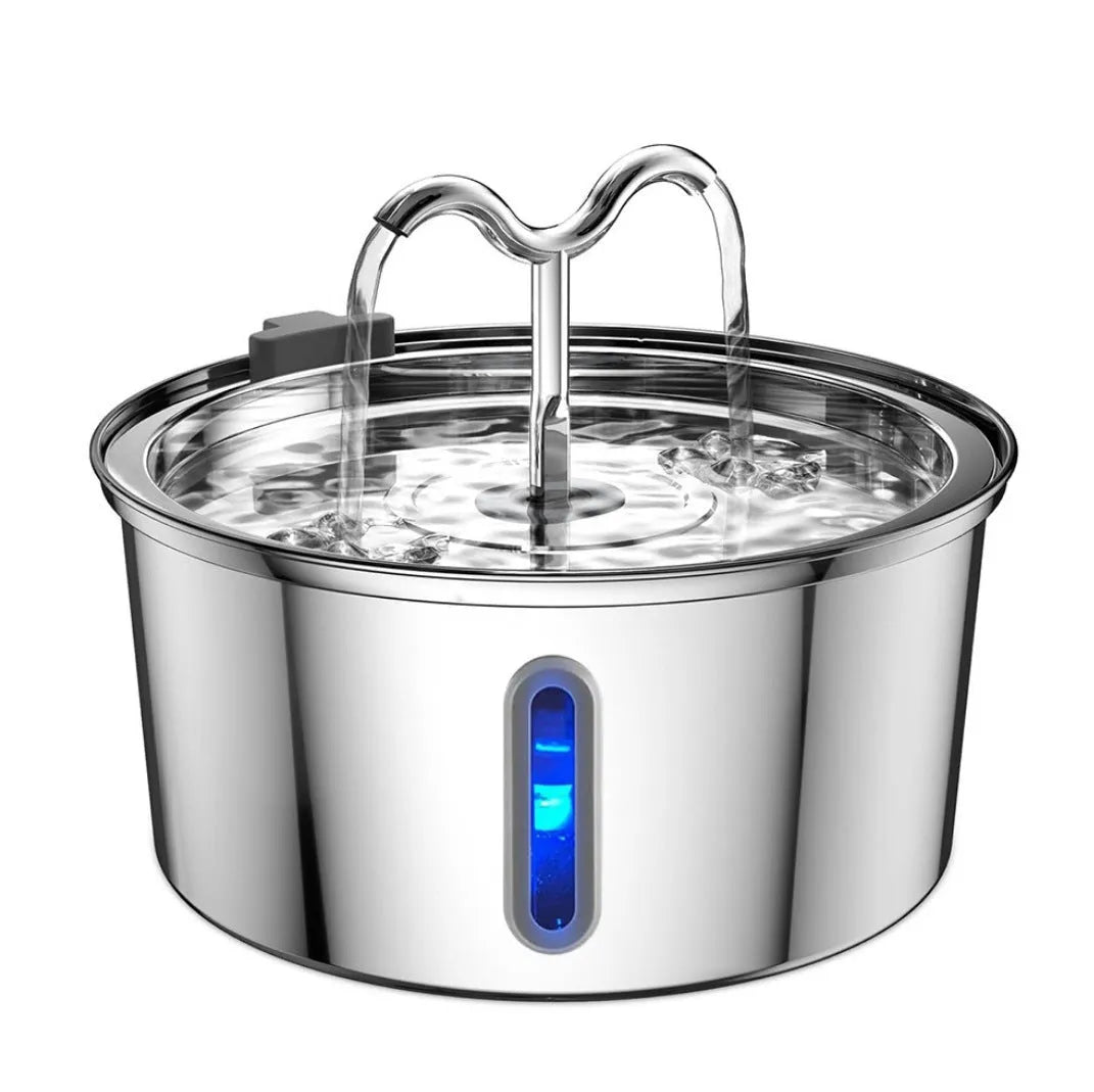 Stainless steel pet water dispenser with round basin and window faucet for dogs and cats.