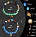 Set of twelve natural stone beaded bracelets, each with a different zodiac sign charm, laid out flat.