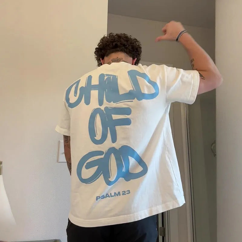 Child Of God print T-shirt in casual style, 100% polyester, round neck, short sleeves, summer top