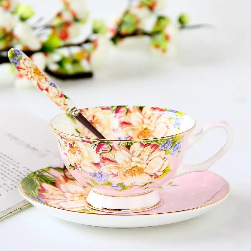 European porcelain coffee cup and saucer set with pastoral style pattern in assorted colours