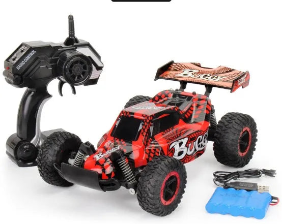 Blue 1:18 scale remote control off-road drift car with 2.4GHz remote on a grey surface.