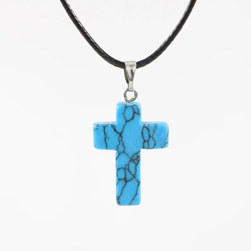 Natural stone cross marble pattern crystal pendant necklace in retro geometric shape, available in 25 colours, with alloy setting and snake bones chain