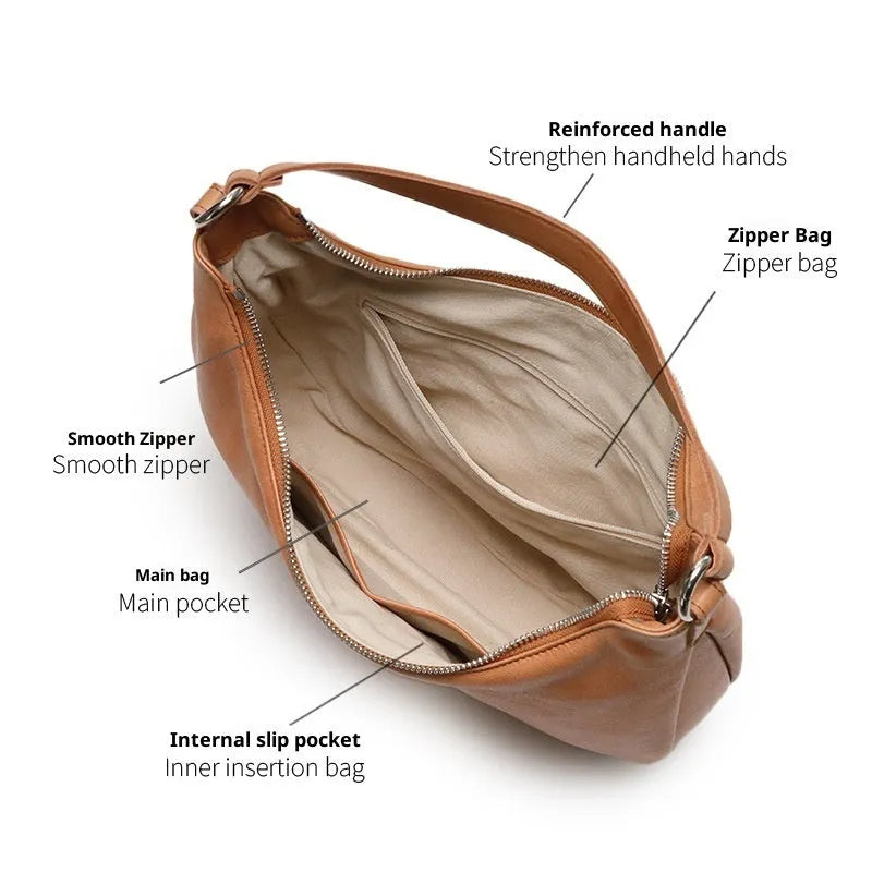 Cortical women's spliced casual crossbody bag in top grain leather, yellowish brown with khaki, dumpling shape, 30x7x19cm