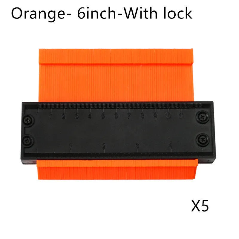 5 and 10 inch orange plastic contour gauge with teeth for copying shapes, on a tile surface