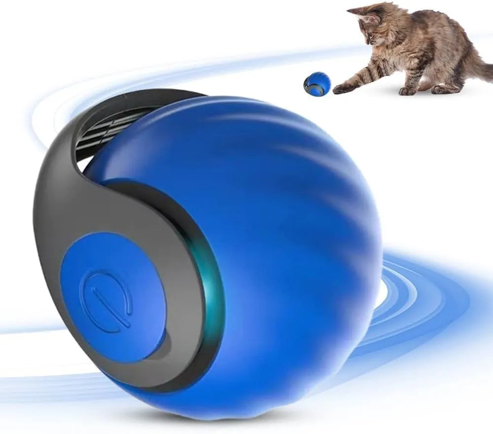 Blue interactive rolling ball pet toy for cats and dogs on indoor floor