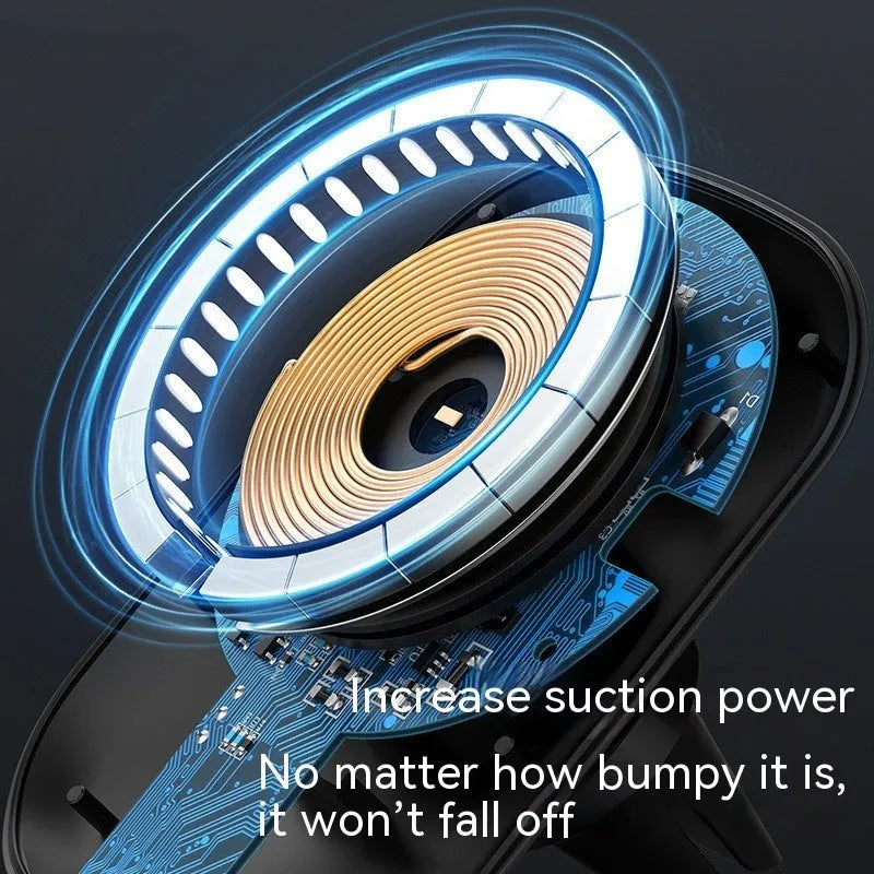 Magnetic car wireless charger with air vent clip and dashboard adhesive mounting bases