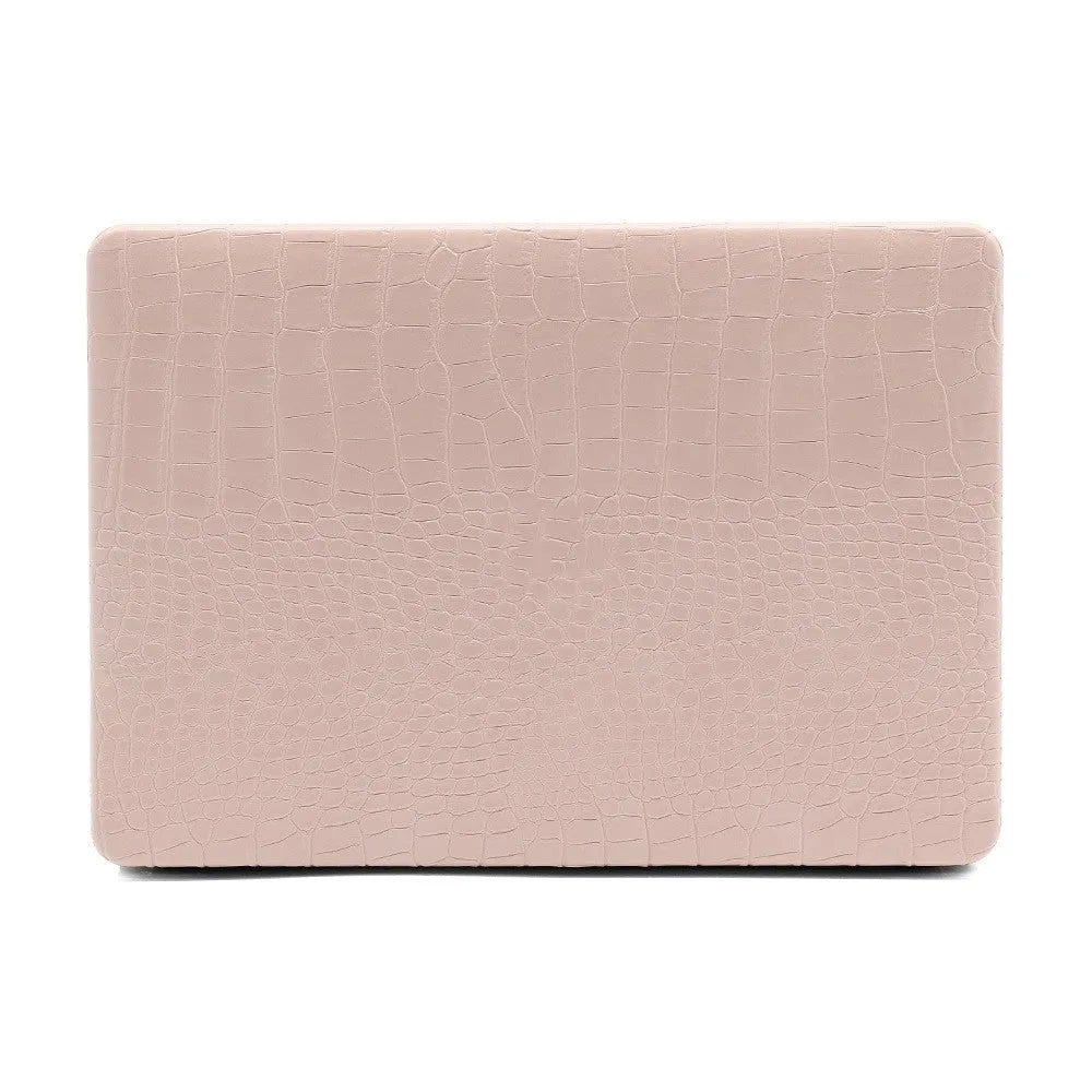 MacBook protective case with crocodile pattern texture and hollowed-out Apple logo in black, white, or soft pink