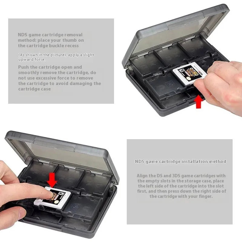 NDS 3DS 24-in-1 game card storage box in choice of colours showing compact size.