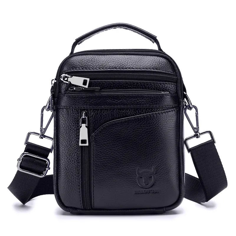 Men's black genuine leather shoulder messenger bag, wear-resistant, retro style for travel