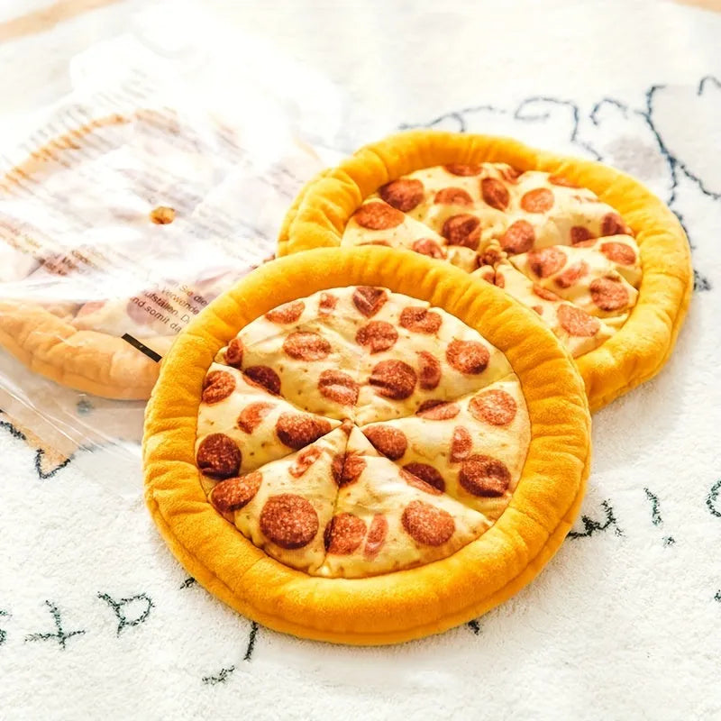 Yellow pizza-themed teddy dog chew toy with squeaker for interactive play and dental health