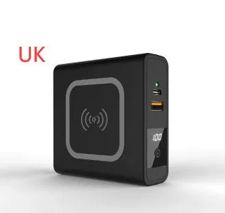 Super QI Power Bank showing fold-out UK, EU, US, and AU plug pins next to a smartphone on its wireless charging surface.