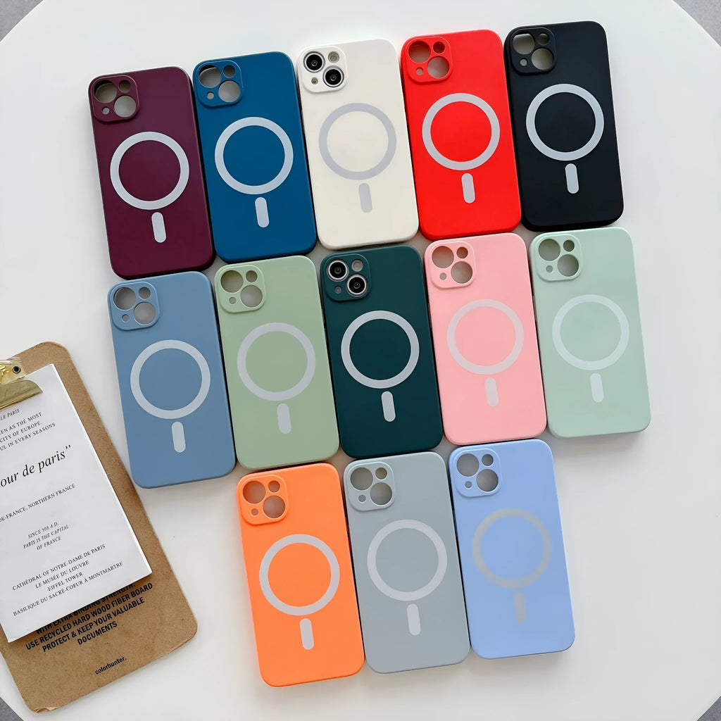 Magnetic wireless charging iPhone case in TPU material showing multiple colour options