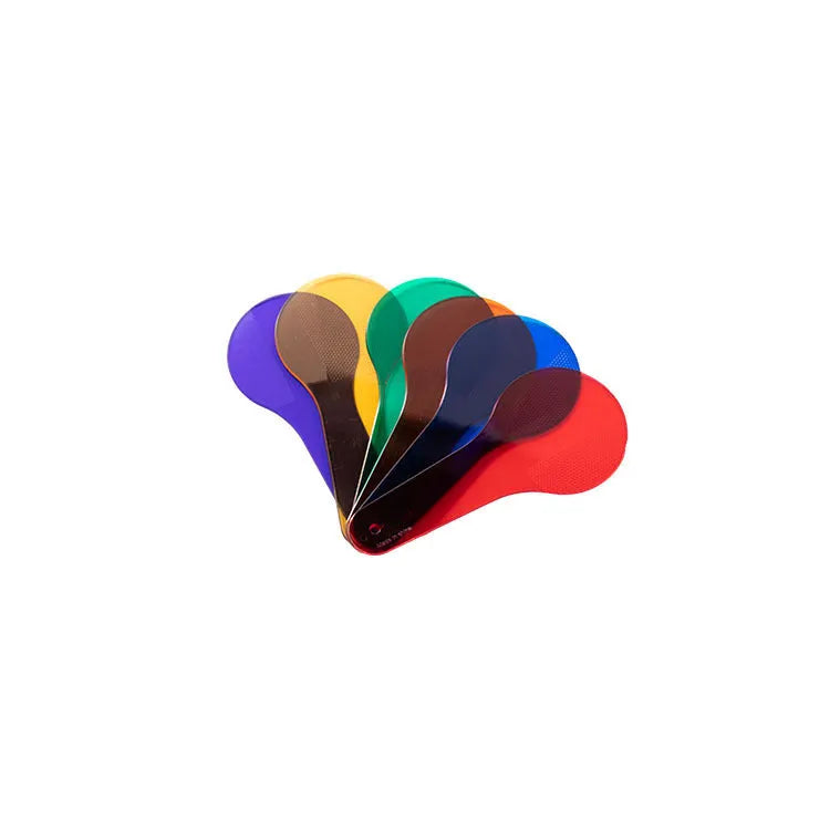 Six colourful PVC learning boards for children, showing red, yellow, blue, green, orange, and purple
