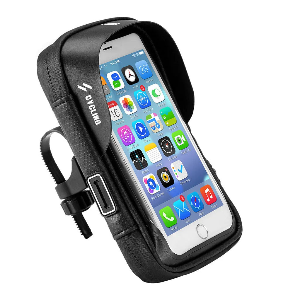 Black waterproof bicycle handlebar bag with transparent touch screen window on bike handlebars