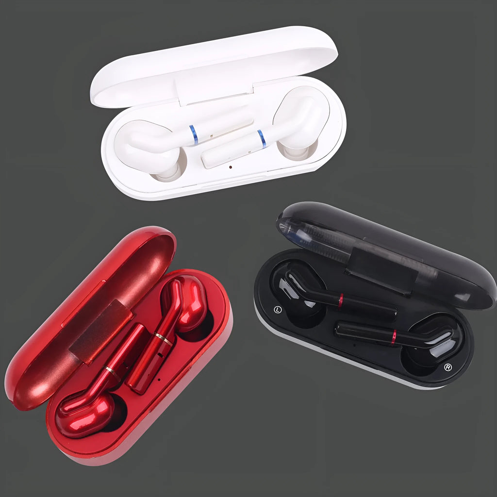 Black and white Bluetooth wireless earphones with charging case showing V5.0 technology