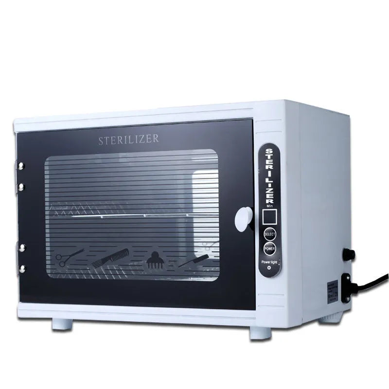 Compact silver UV steriliser with stainless steel chamber for salon tools.