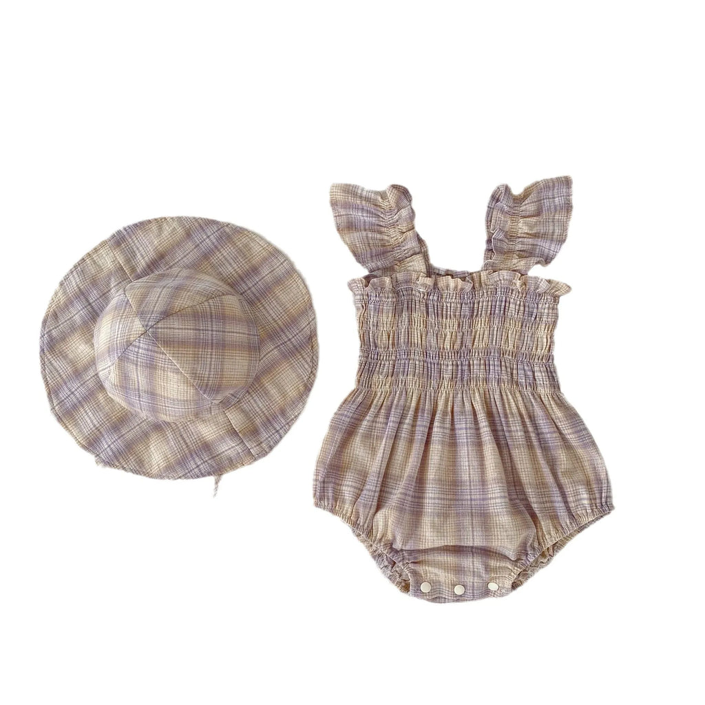 Baby girl cotton plaid onesie with matching hat in pink, triangle jumpsuit style