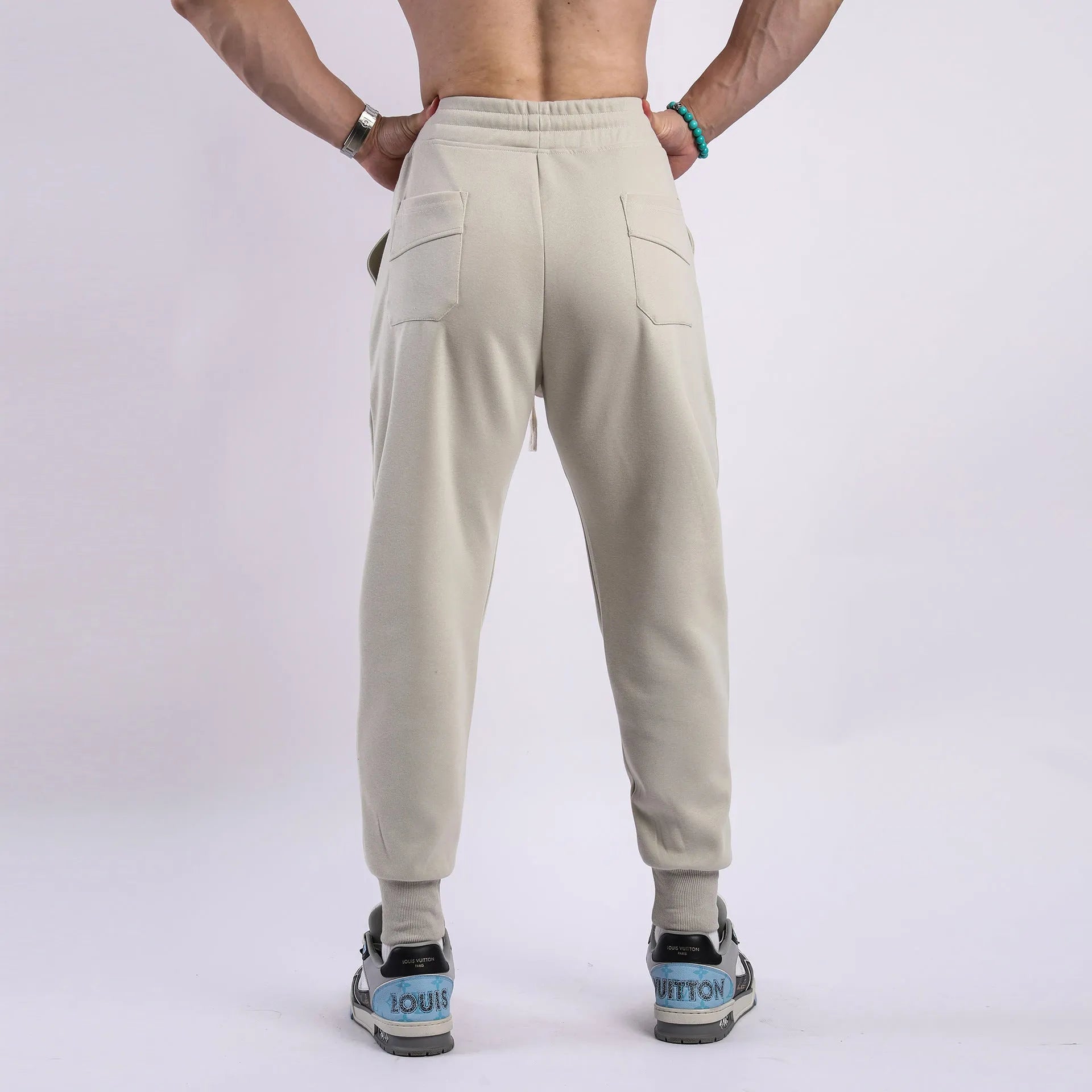 Men's casual trousers with ankle drawstring in polyester cotton fabric available in five colours