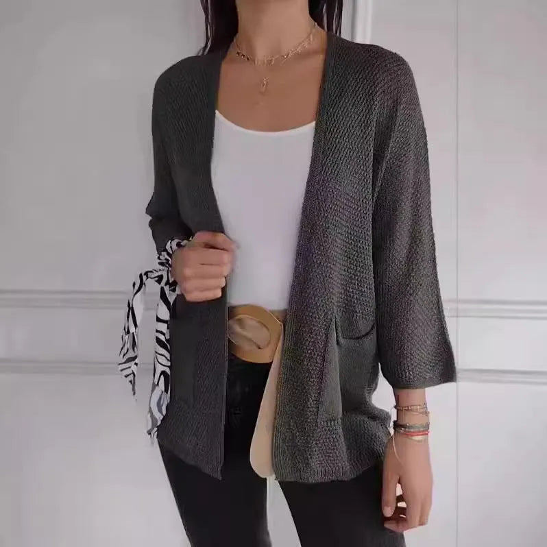 Women's waffle weave cardigan coat with nine-quarter sleeves in army green colour
