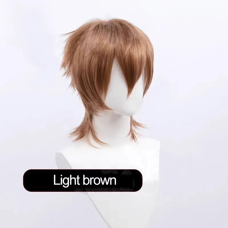 Short styled black and blue anime cosplay wig with a tail for men on a stand.