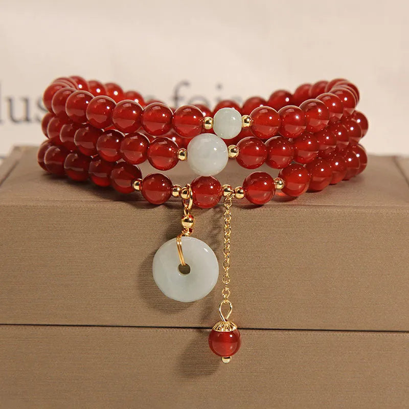 Red agate and crystal multi-layer ethnic bracelet for women with retro styling
